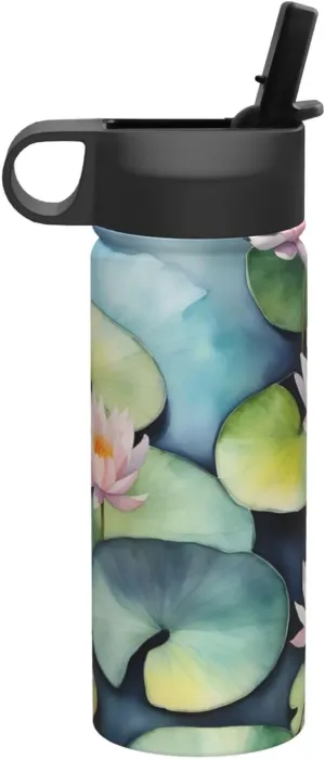 Black Lily Pads Print Flask Stainless Steel Water Bottle with Straw 18OZ FOR Outdoor Gym Commute