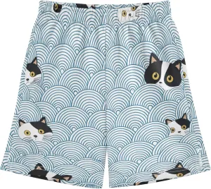Black White Cat Faces Blue Wave Summer Shorts for Boys School Athletic Shorts Print Kids Streetwear 7-8