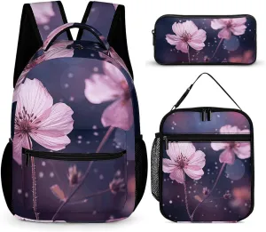 Blurred Two Flowers Backpack for Women Men Lightweight Waterproof Backpack Set With Lunch Box Pencil Case Travel Laptop Backpack Casual Daypacks