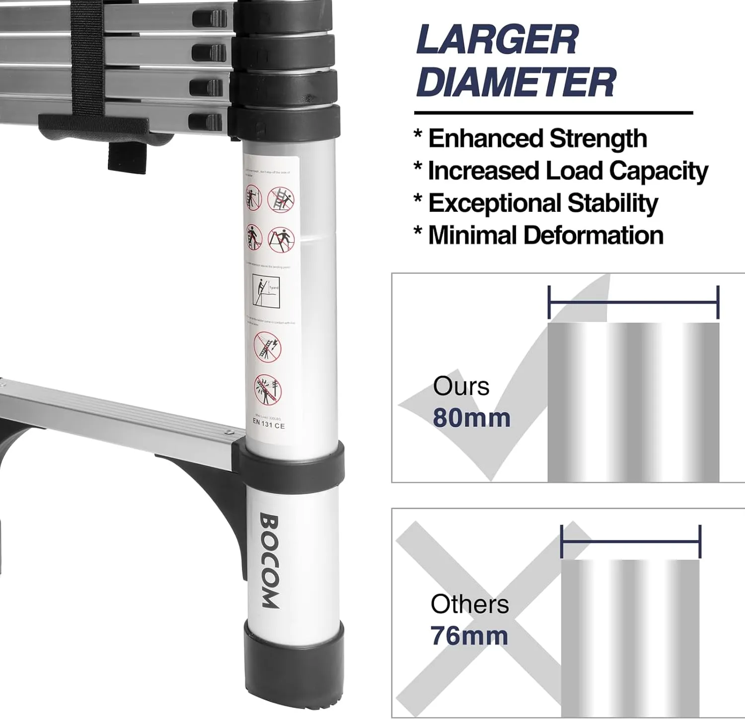 BOCOM 14.5 FT Aluminum Telescoping Ladder, Lightweight Multi-Purpose Collapsible Extension with 2 Triangle Stabilizers, Heavy Duty 330 lbs Max Capacity, Ideal for Home, RV, and Outdoor Work Silver