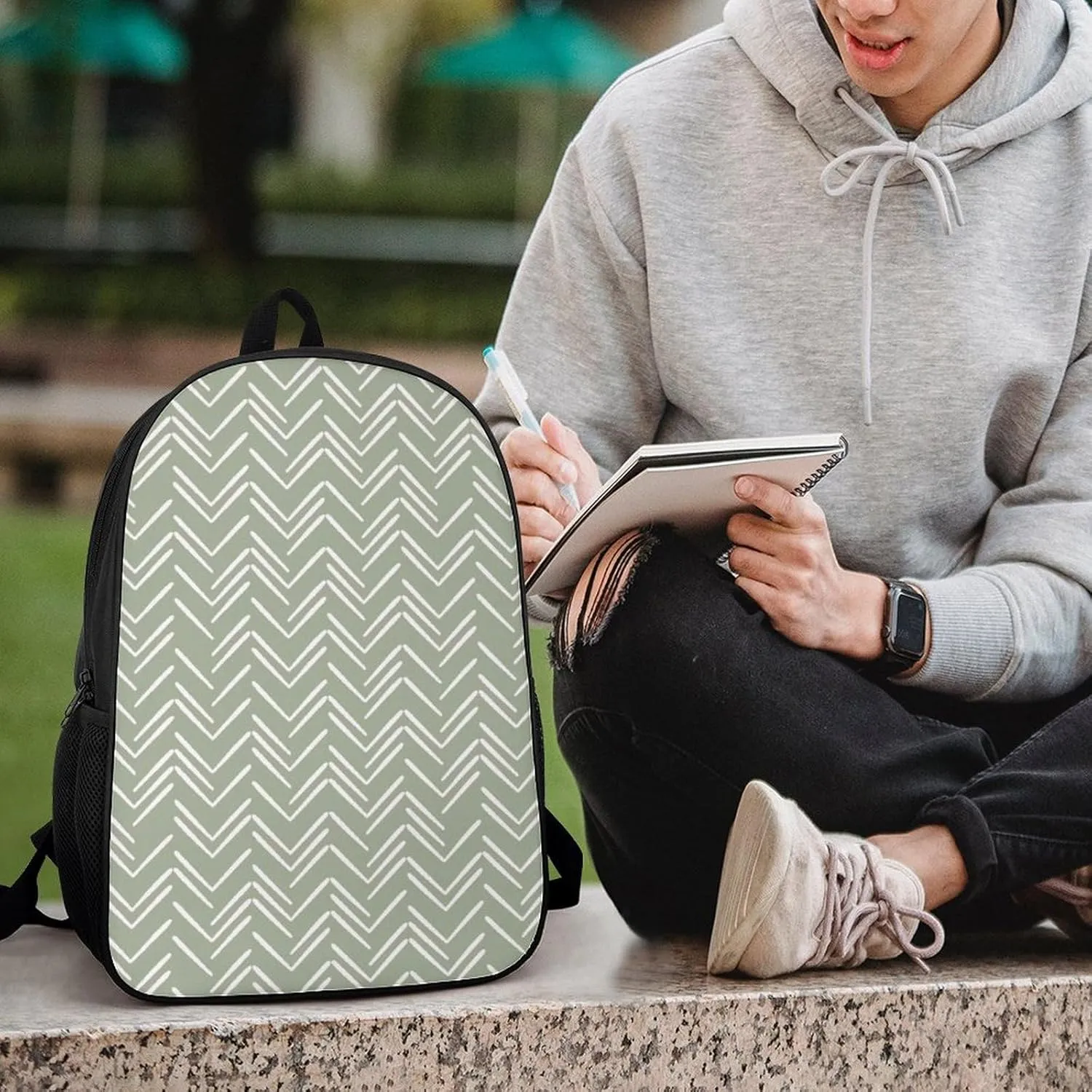 Boho Mud Cloth Chevron Pattern Sage Green Backpack Lightweight Waterproof Backpacks Laptop Backpack for Unisex Casual Travel Daypacks Large Capacity