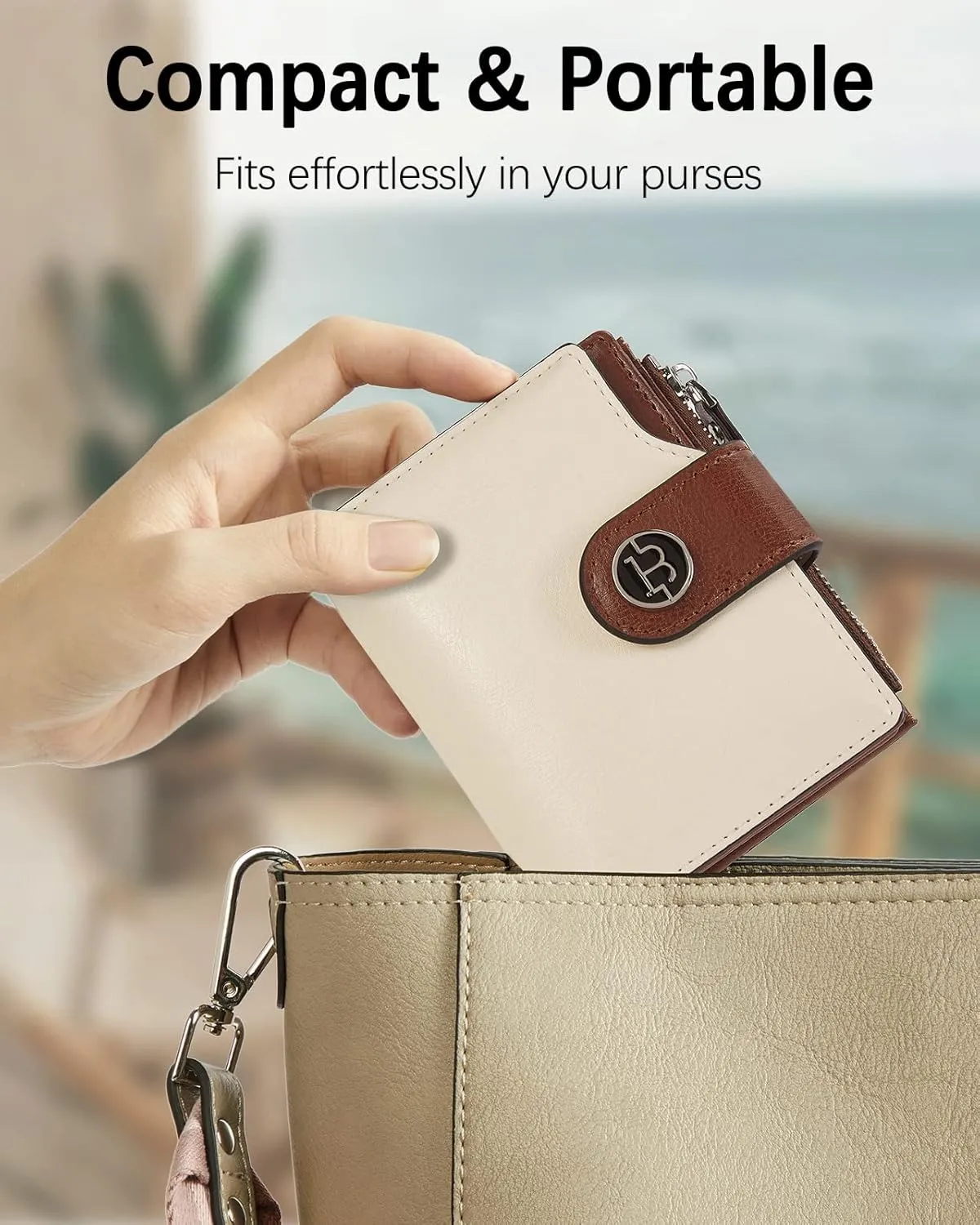 BOSTANTEN Women Leather Wallet Small RFID Blocking Bifold Zipper Pocket Wallet Card Case with ID Window Beige