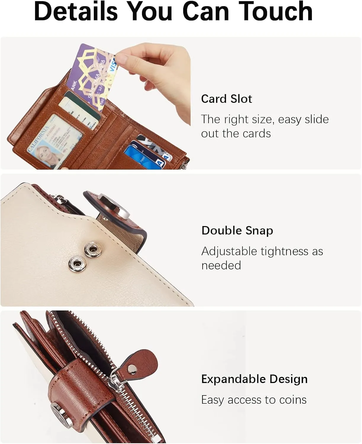 BOSTANTEN Women Leather Wallet Small RFID Blocking Bifold Zipper Pocket Wallet Card Case with ID Window Beige
