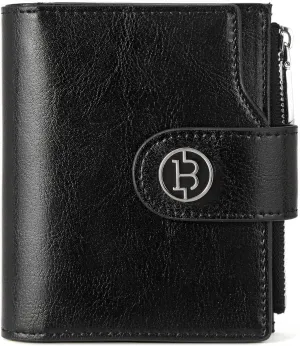 BOSTANTEN Women Leather Wallet Small RFID Blocking Bifold Zipper Pocket Wallet Card Case with ID Window Black