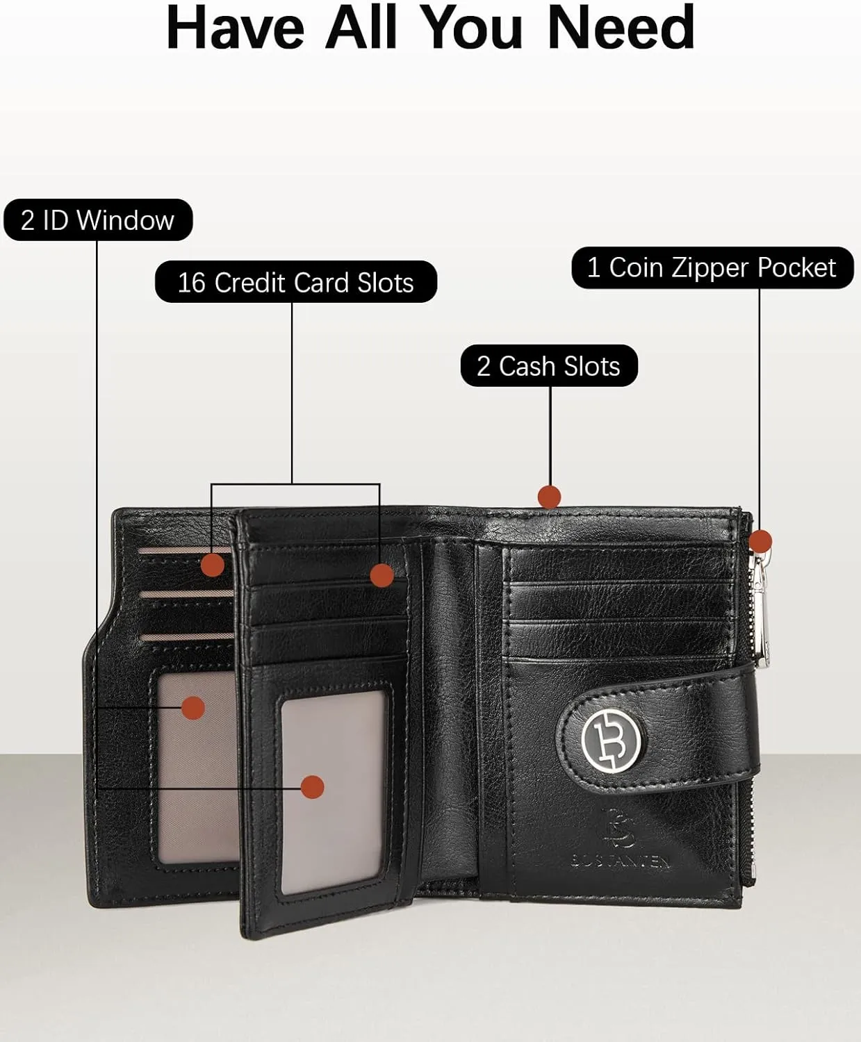 BOSTANTEN Women Leather Wallet Small RFID Blocking Bifold Zipper Pocket Wallet Card Case with ID Window Black