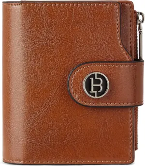 BOSTANTEN Women Leather Wallet Small RFID Blocking Bifold Zipper Pocket Wallet Card Case with ID Window Brown
