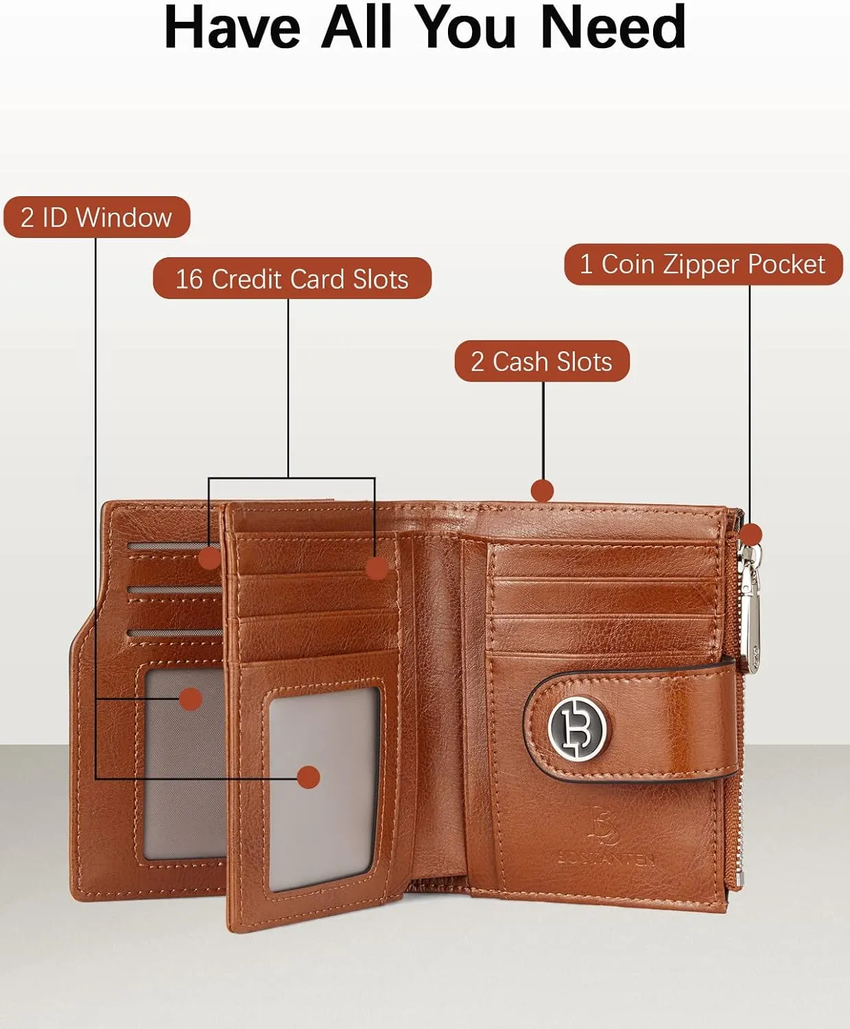 BOSTANTEN Women Leather Wallet Small RFID Blocking Bifold Zipper Pocket Wallet Card Case with ID Window Brown