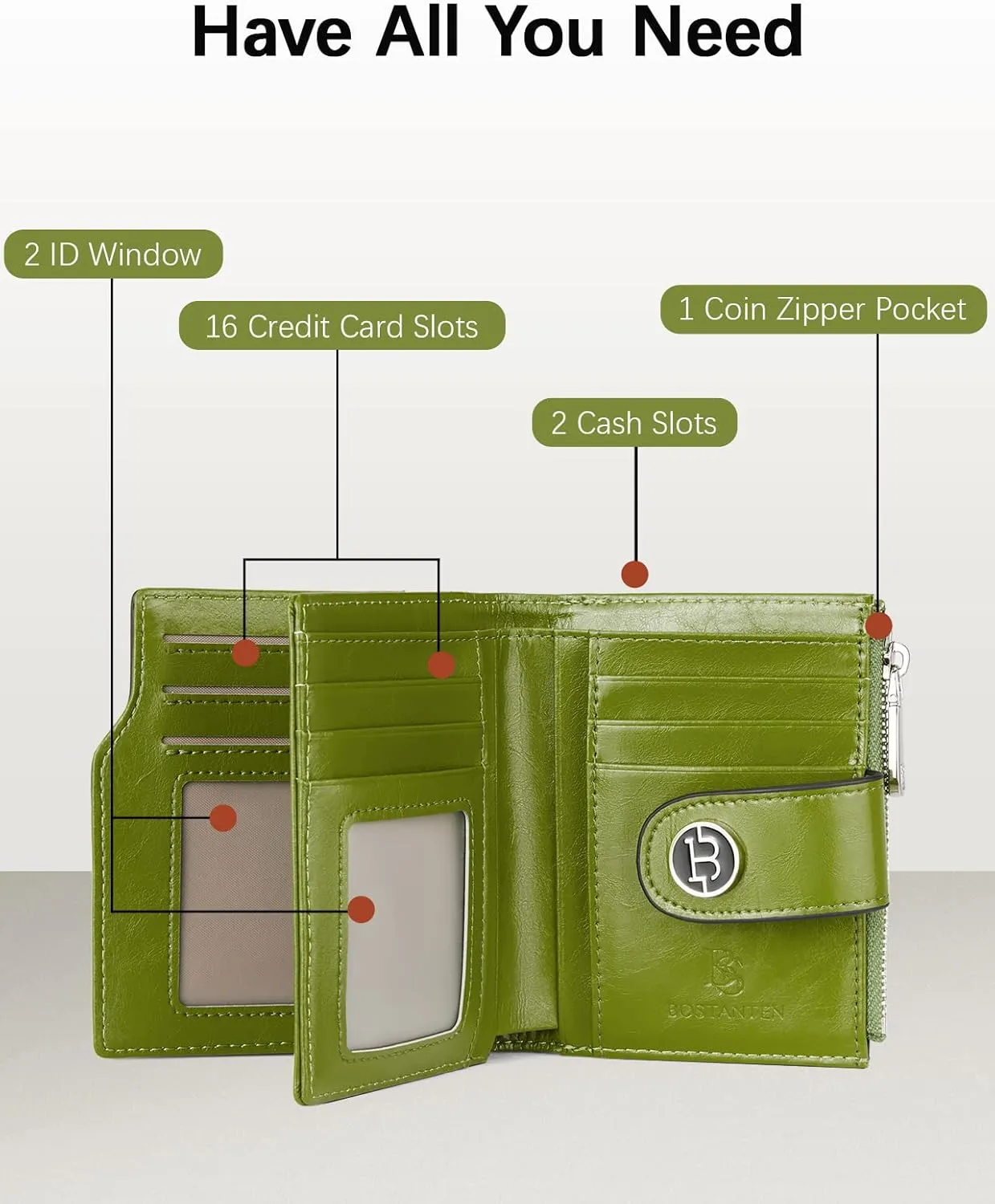 BOSTANTEN Women Leather Wallet Small RFID Blocking Bifold Zipper Pocket Wallet Card Case with ID Window Green