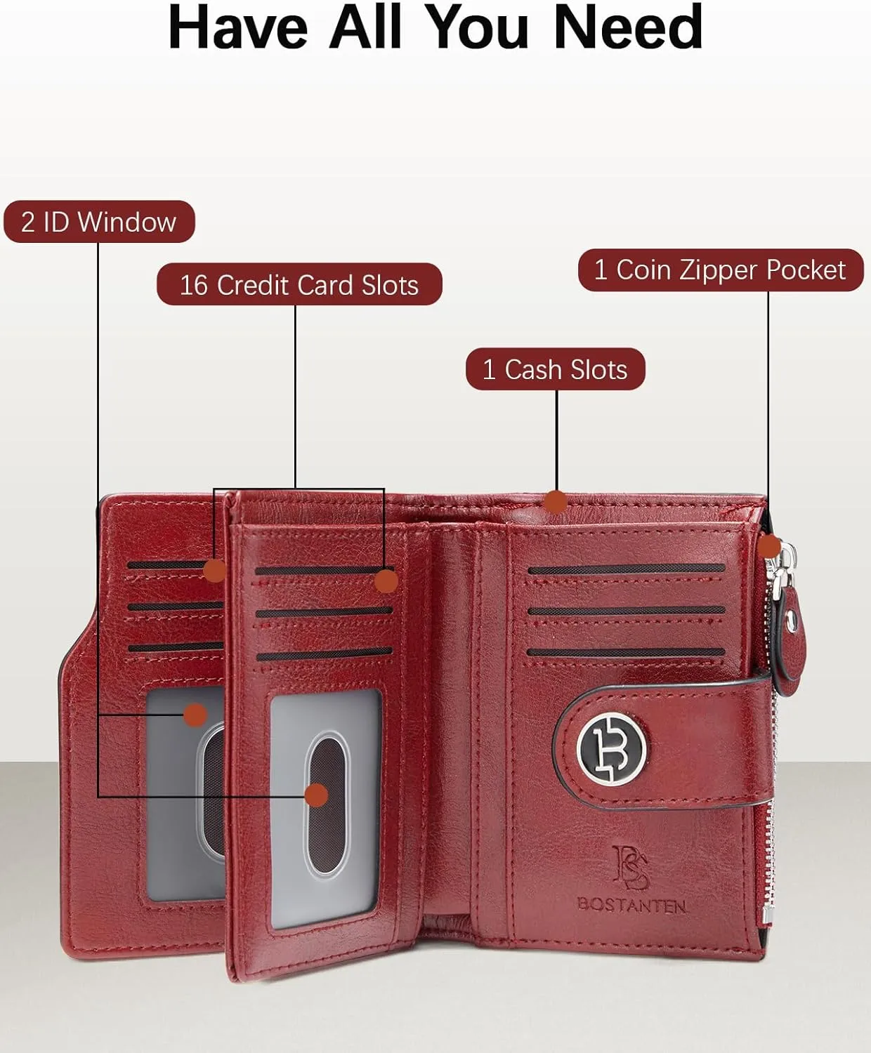 BOSTANTEN Women Leather Wallet Small RFID Blocking Bifold Zipper Pocket Wallet Card Case with ID Window Red