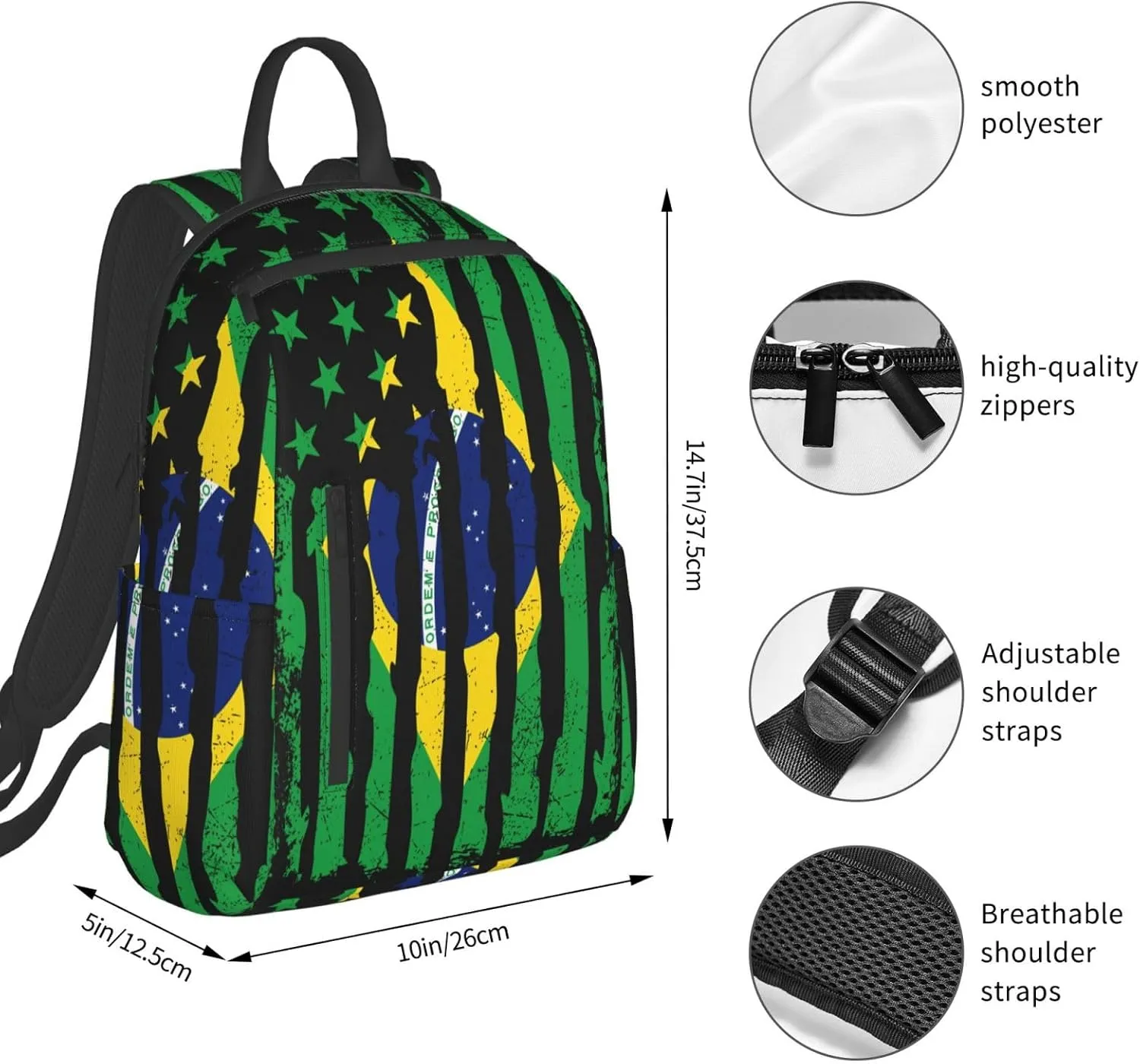 Brazilian American Pride Flag Brazil Roots Travel Backpacks Casual Laptop Backpack Sport Rucksack Large Capacity Daypack Multi-Pockets Adjustable Strap Bag for Working Hiking