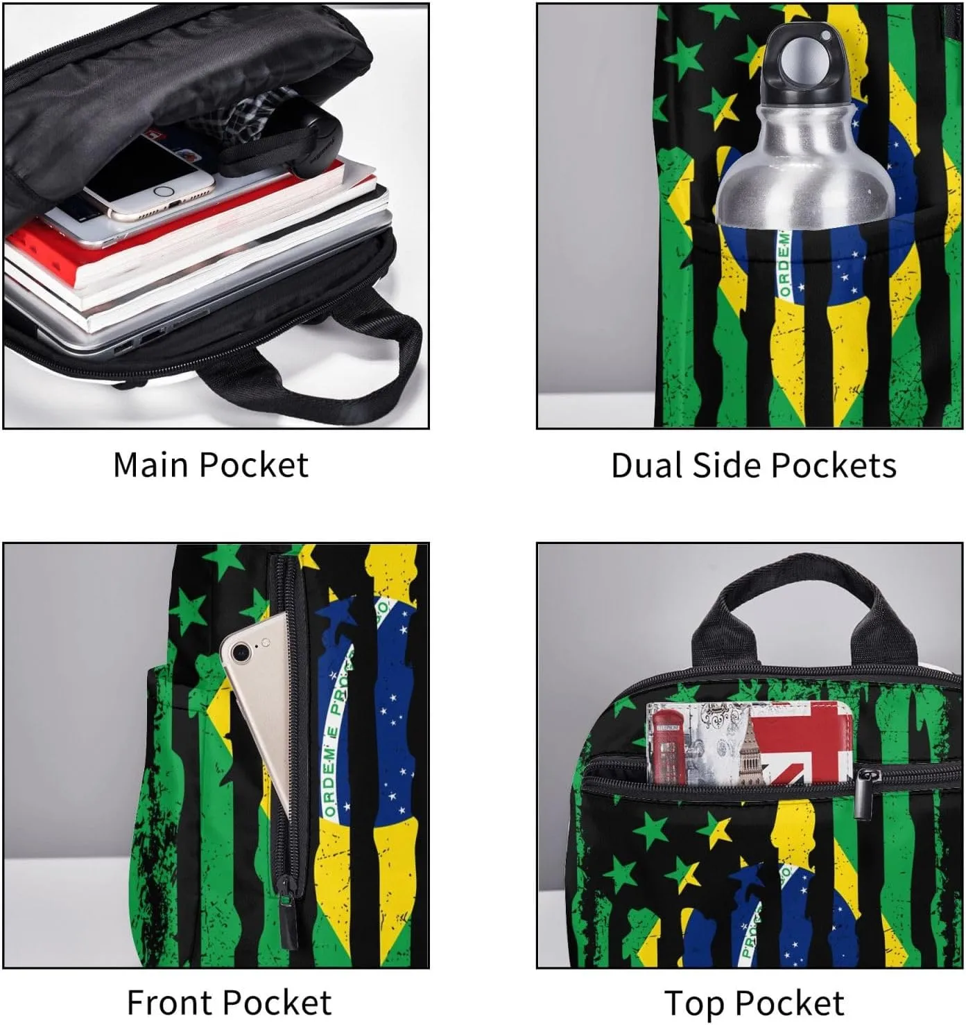 Brazilian American Pride Flag Brazil Roots Travel Backpacks Casual Laptop Backpack Sport Rucksack Large Capacity Daypack Multi-Pockets Adjustable Strap Bag for Working Hiking