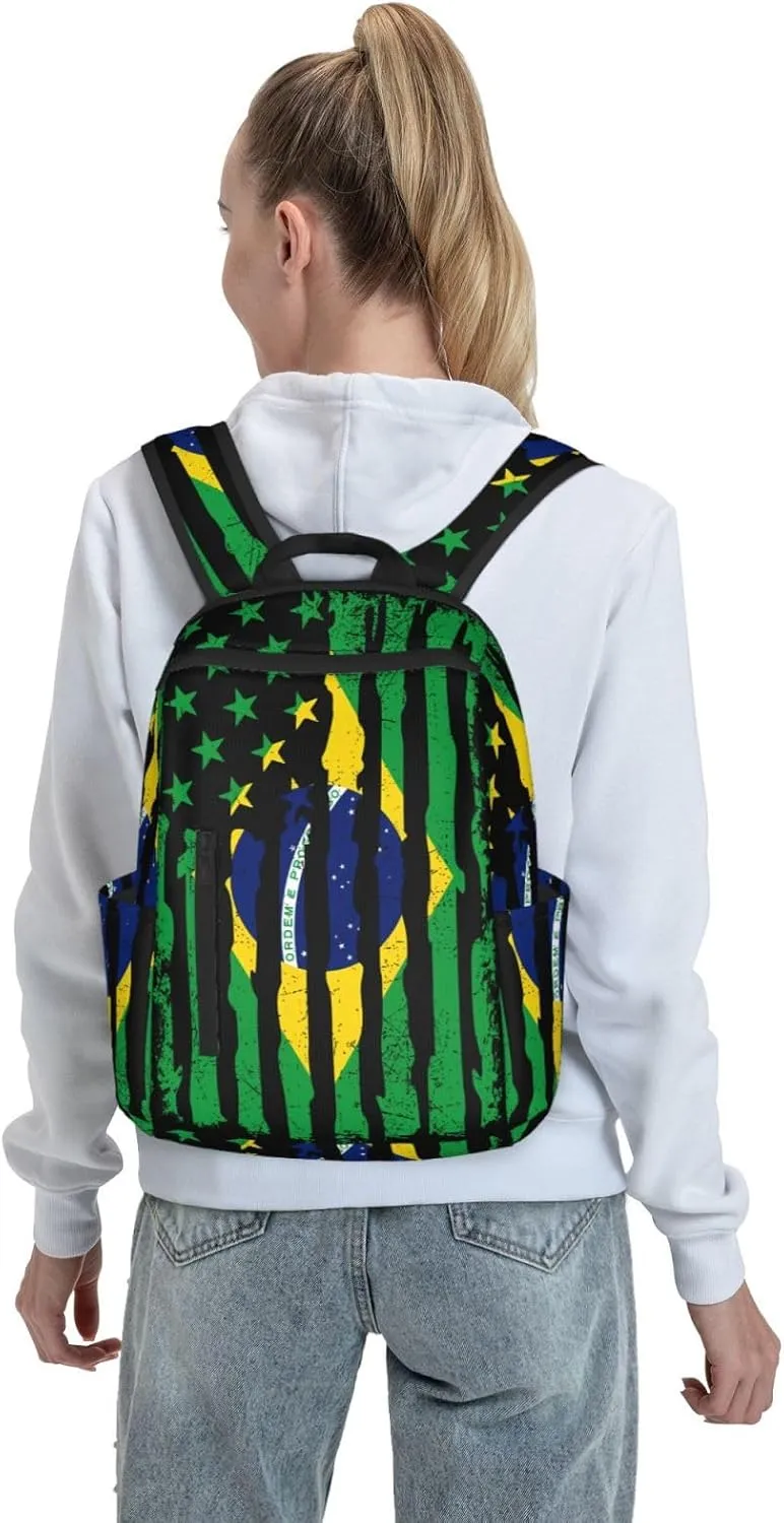 Brazilian American Pride Flag Brazil Roots Travel Backpacks Casual Laptop Backpack Sport Rucksack Large Capacity Daypack Multi-Pockets Adjustable Strap Bag for Working Hiking