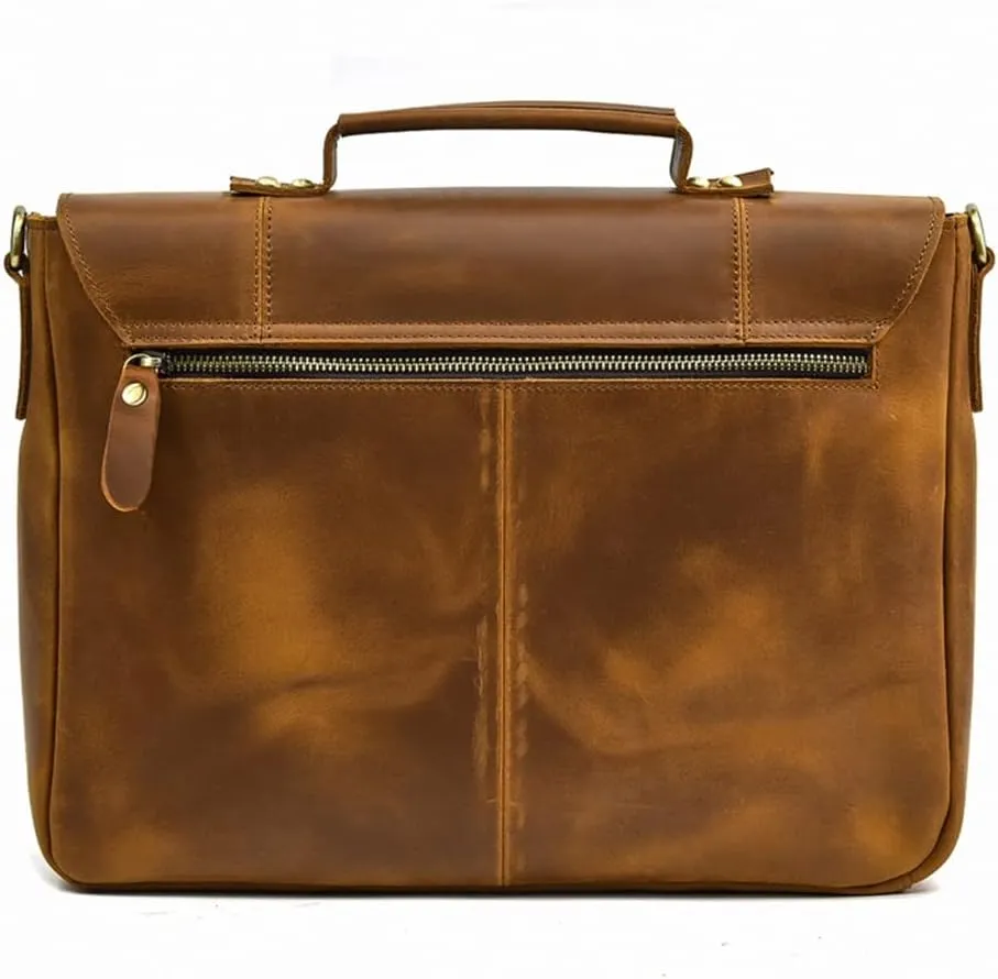 Briefcase Retro Leather Handbag Large Capacity Flap Shoulder Bag Layer Cowhide Commuter Bag