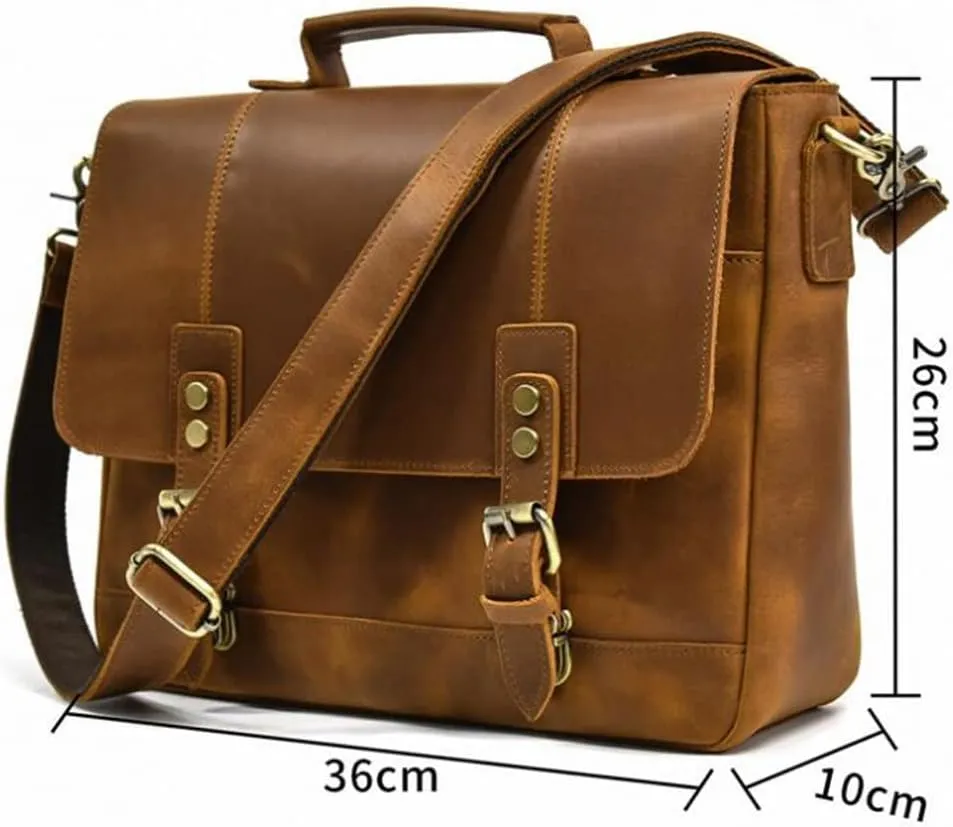 Briefcase Retro Leather Handbag Large Capacity Flap Shoulder Bag Layer Cowhide Commuter Bag