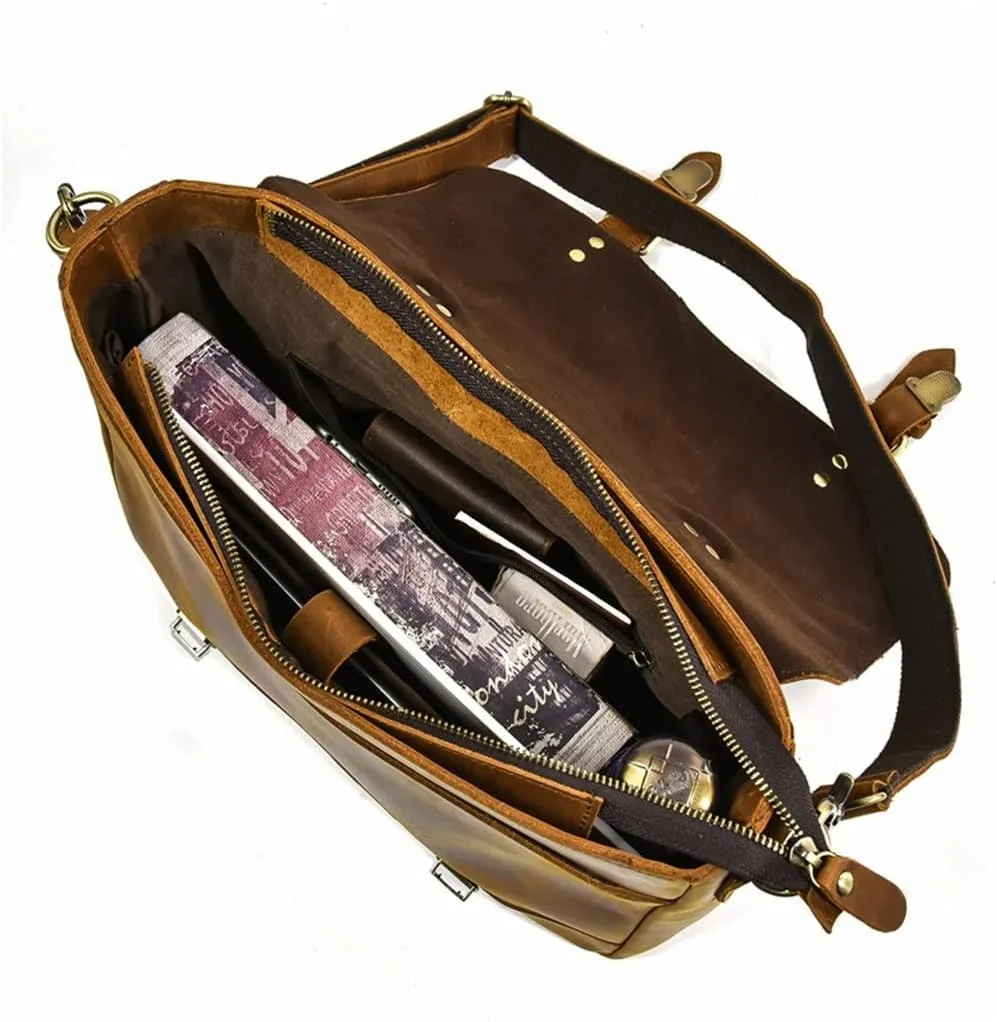 Briefcase Retro Leather Handbag Large Capacity Flap Shoulder Bag Layer Cowhide Commuter Bag