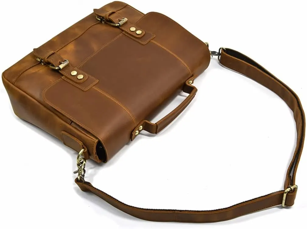 Briefcase Retro Leather Handbag Large Capacity Flap Shoulder Bag Layer Cowhide Commuter Bag