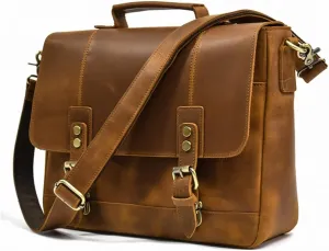 Briefcase Retro Leather Handbag Large Capacity Flap Shoulder Bag Layer Cowhide Commuter Bag
