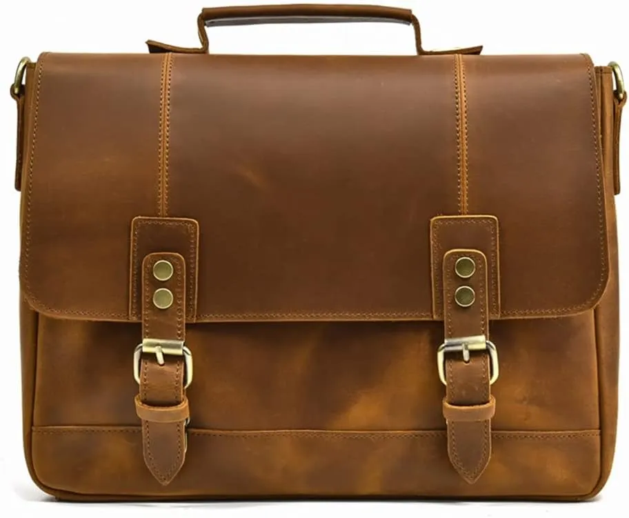 Briefcase Retro Leather Handbag Large Capacity Flap Shoulder Bag Layer Cowhide Commuter Bag