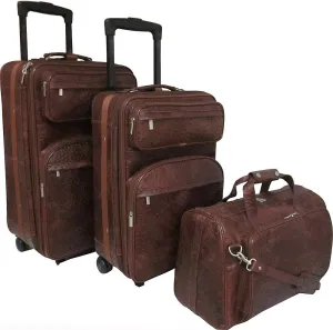 Brown Ostrich Print Leather Three Piece Set Traveler