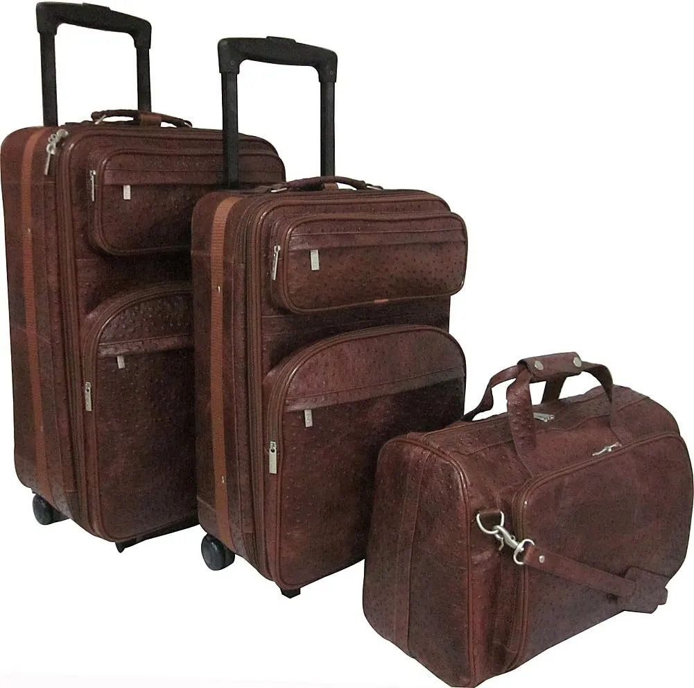 Brown Ostrich Print Leather Three Piece Set Traveler