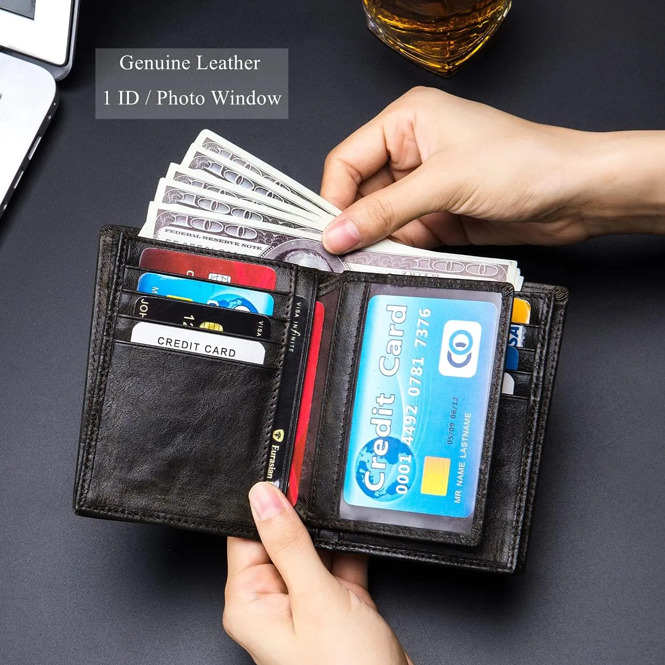 BULLCAPTAIN Large Capacity Genuine Leather Bifold Wallet/Credit Card Holder for Men with 15 Card Slots QB-027