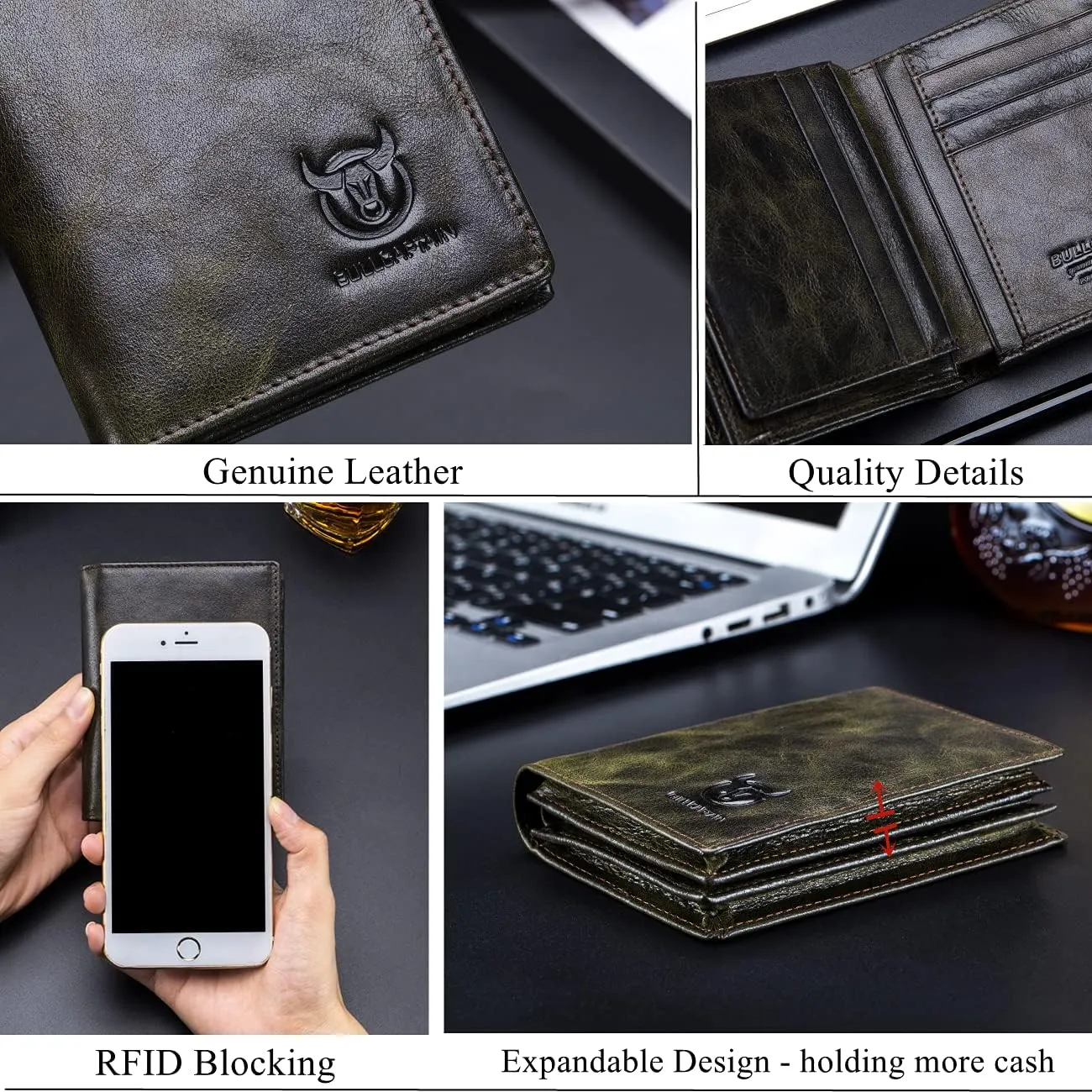 BULLCAPTAIN Large Capacity Genuine Leather Bifold Wallet/Credit Card Holder for Men with 15 Card Slots QB-027