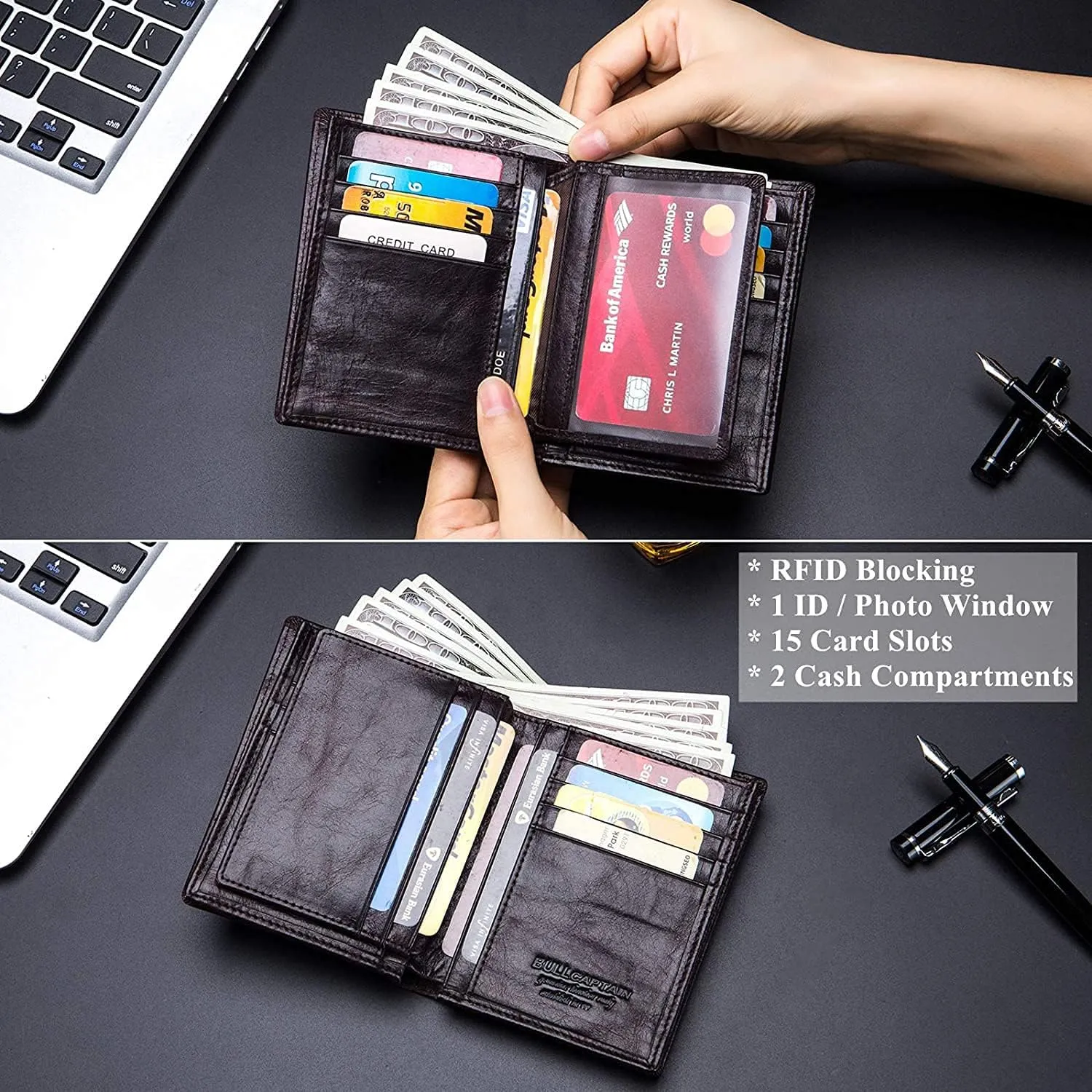 BULLCAPTAIN Large Capacity Genuine Leather Bifold Wallet/Credit Card Holder for Men with 15 Card Slots QB-027