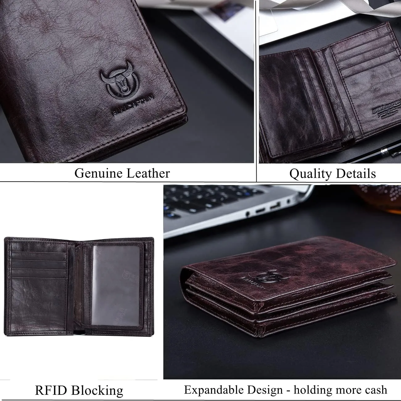 BULLCAPTAIN Large Capacity Genuine Leather Bifold Wallet/Credit Card Holder for Men with 15 Card Slots QB-027