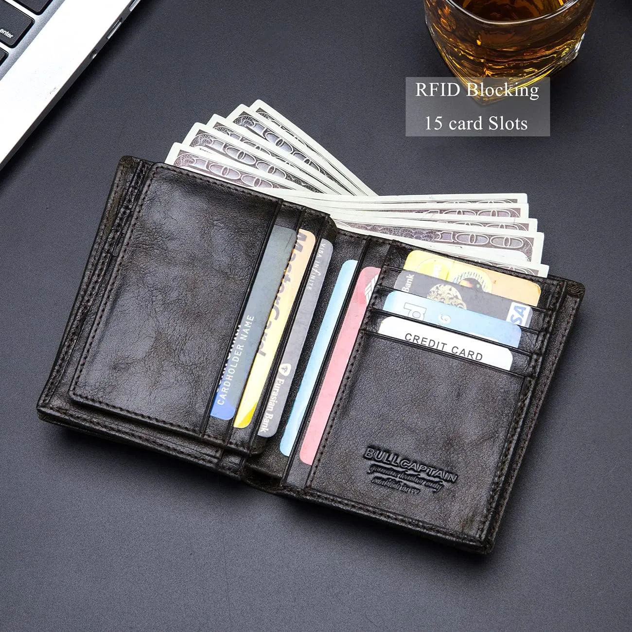 BULLCAPTAIN Large Capacity Genuine Leather Bifold Wallet/Credit Card Holder for Men with 15 Card Slots QB-027