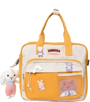 BXCNCKD Kawaii backpack with cute pins and plush pendant girl shoulder bag school bag cute backpack travel backpack(Yellow)