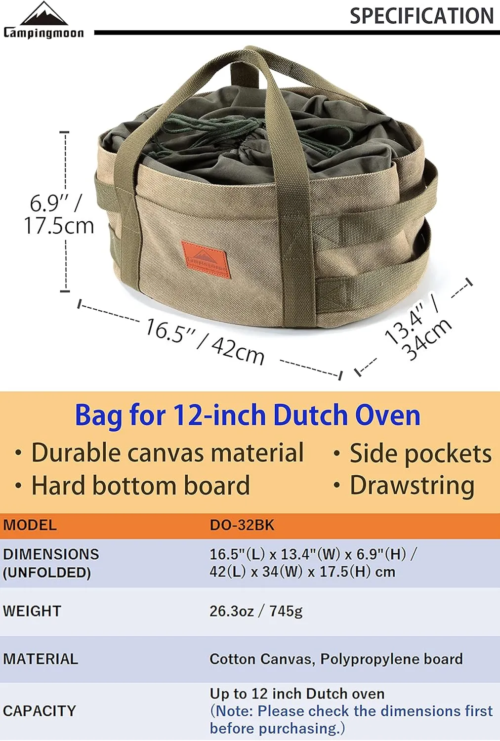camping moon CAMPINGMOON Carry Bag for Dutch Oven Durable Canvas