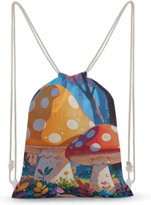 Canvas Drawstring Backpack, Cartoon Mushroom Colorful Forest Drawstring Sport Gym Bags for Travel, Work, Yoga & Daily Use