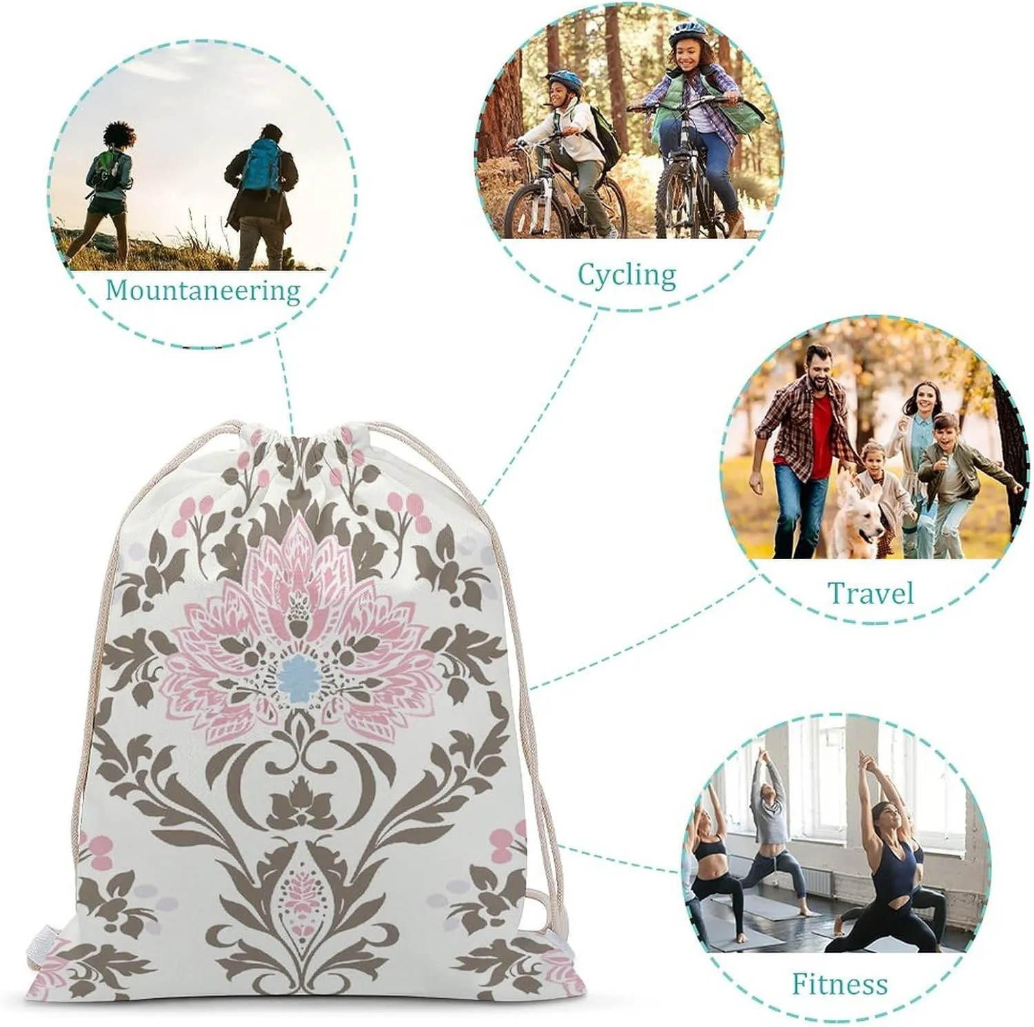 Canvas Drawstring Backpack, Peach And Brown Pattern Drawstring Sport Gym Bags for Travel, Work, Yoga & Daily Use