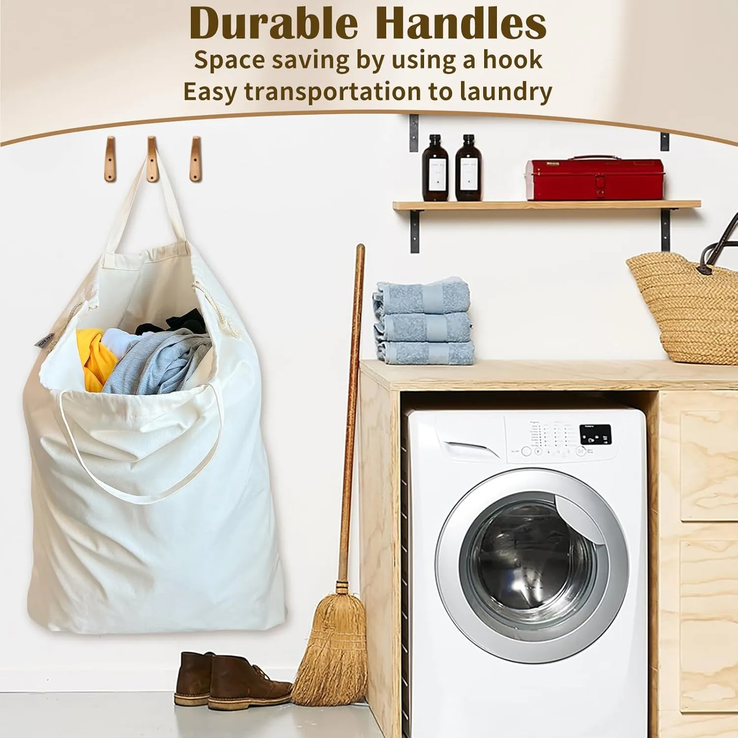 Canvas Laundry Bag, Thick Cotton Laundry Bag with Handles & Drawstring, Extra Large Heavy Duty Washable Basket Liner Hamper Liner for Travel, Camp, College(XL, 1 Pack)