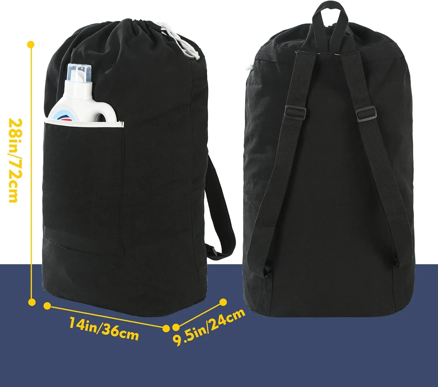 Canvas Laundry bag, Washable Laundry backpack, Adjustable Straps, Large Front Pocket, Drawstring Closure (BLACK, X-Large)