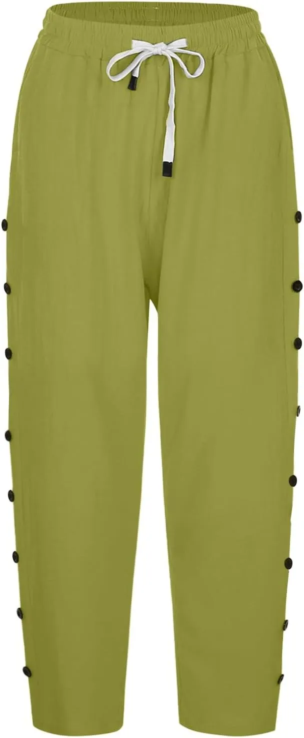 Capri Linen Pants for Women Drawstring Capri Pants with Pockets Wide Leg Cropped Pants for Capri Linen Pants for