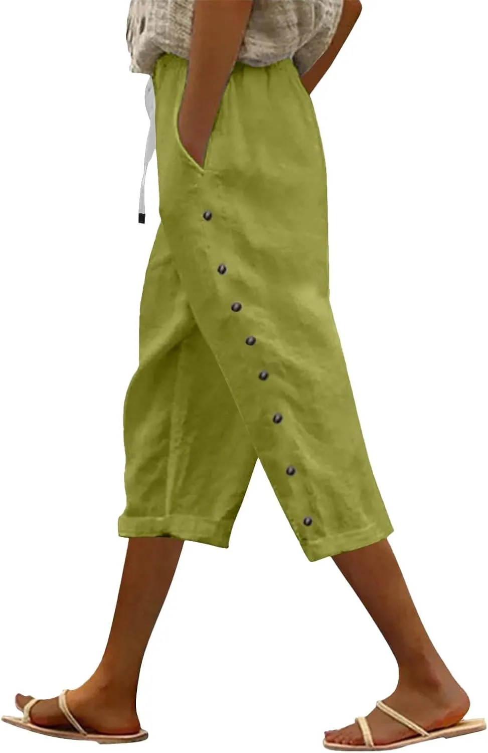 Capri Linen Pants for Women Drawstring Capri Pants with Pockets Wide Leg Cropped Pants for Capri Linen Pants for