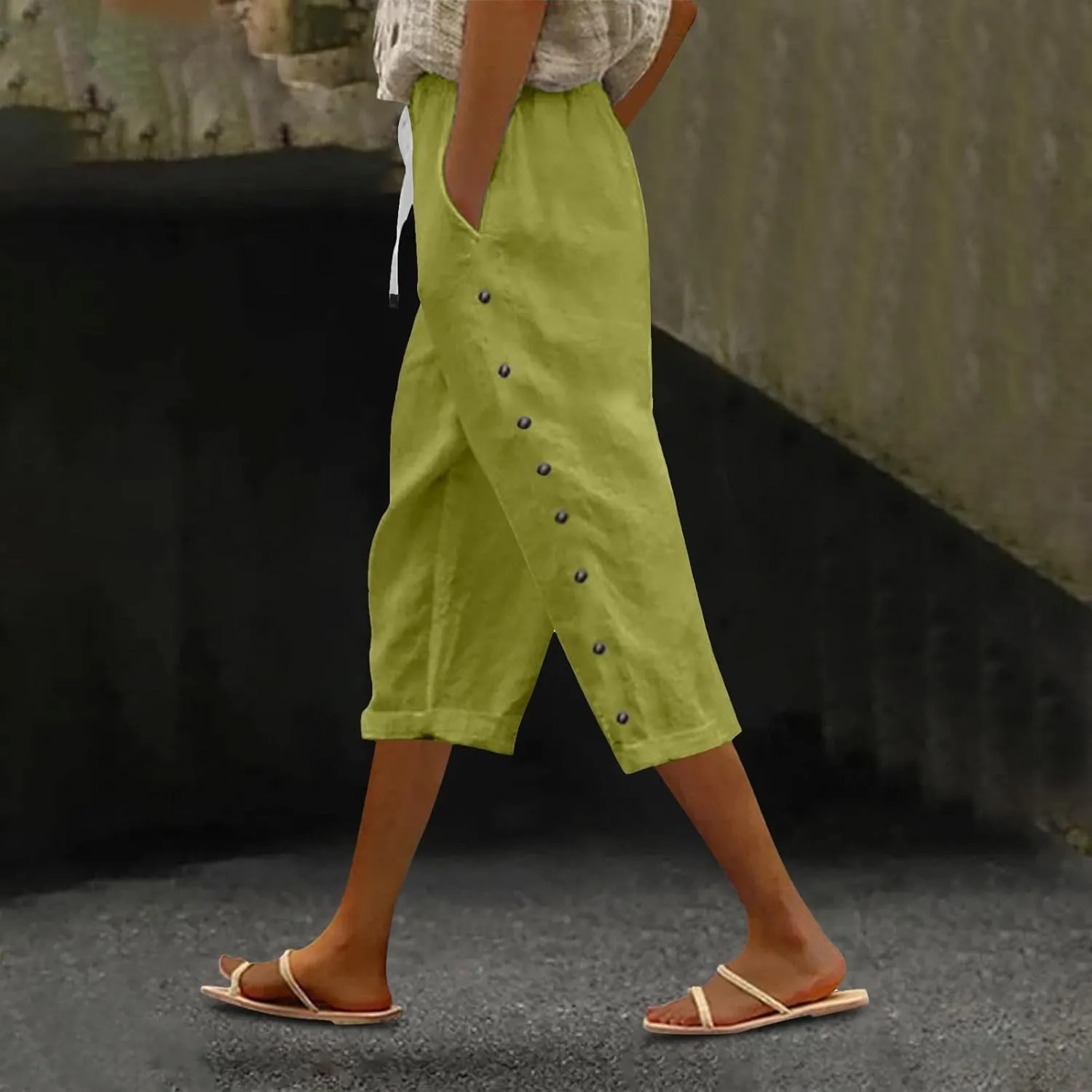 Capri Linen Pants for Women Drawstring Capri Pants with Pockets Wide Leg Cropped Pants for Capri Linen Pants for