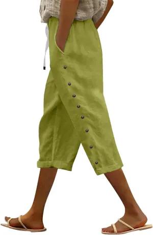 Capri Linen Pants for Women Drawstring Capri Pants with Pockets Wide Leg Cropped Pants for Capri Linen Pants for
