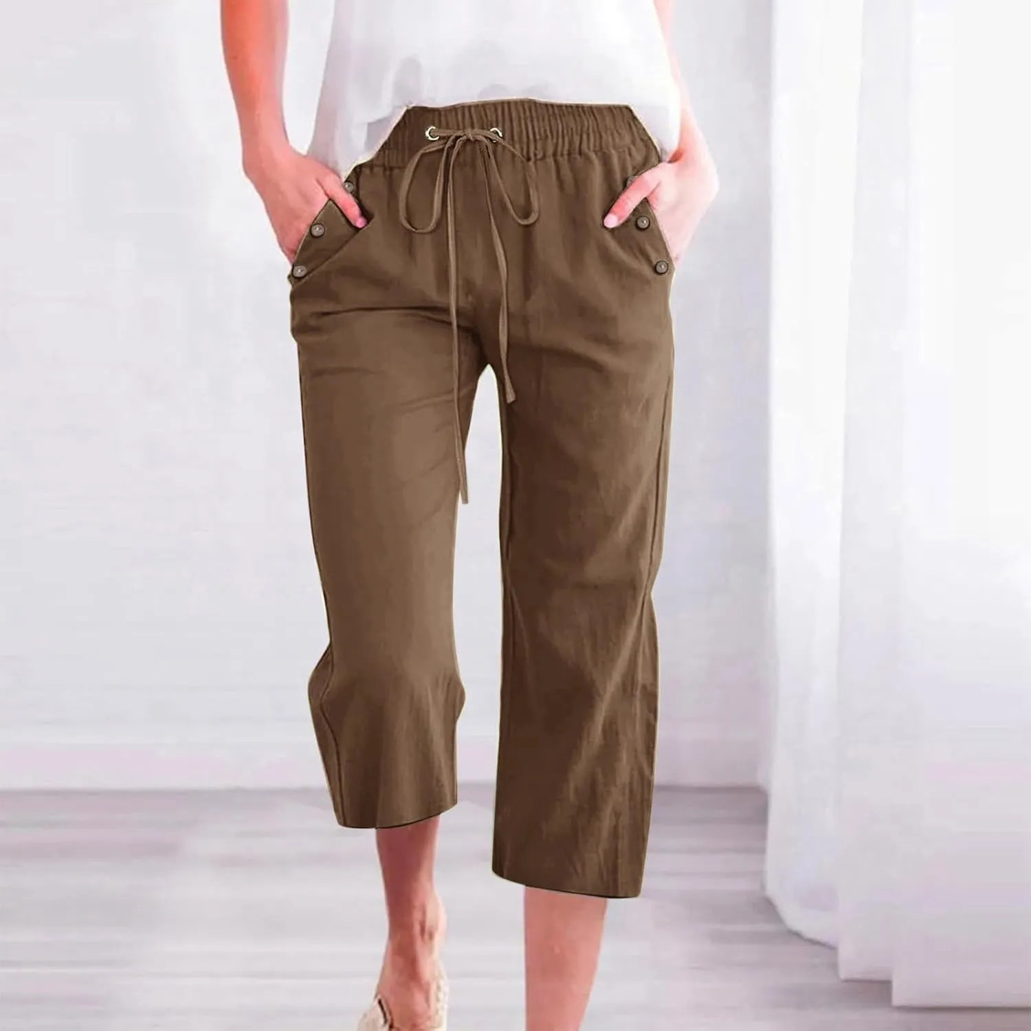 Capri Pants for Women Casual Summer Drawstring Elastic High Waist Plus Size Linen Slacks Wide Leg Cropped Pants