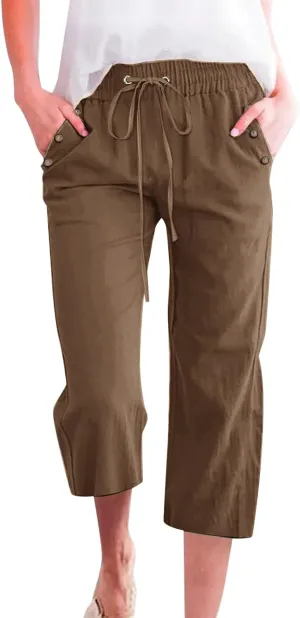 Capri Pants for Women Casual Summer Drawstring Elastic High Waist Plus Size Linen Slacks Wide Leg Cropped Pants