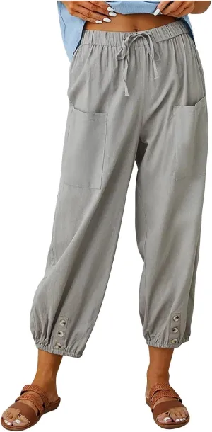 Capri Pants for Women Plus Size Loose Summer Beach Cropped Pants Vintage Waisted Drawstring Linen Capris Pants with Pockets