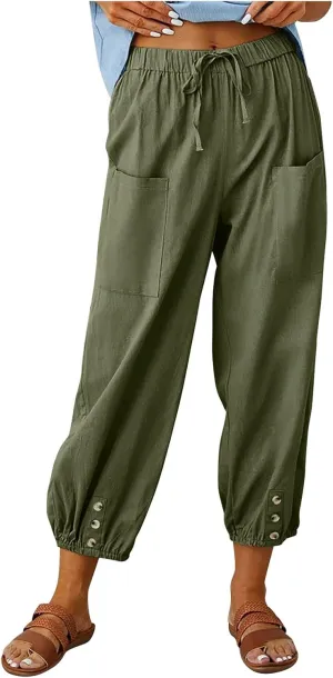 Capri Pants for Women Plus Size Loose Summer Beach Cropped Pants Vintage Waisted Drawstring Linen Capris Pants with Pockets