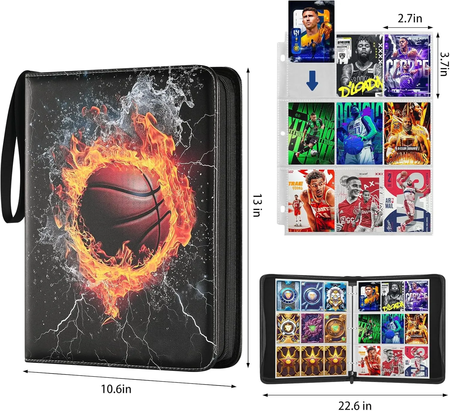 Card Binder 9 Pocket Premium Zip Trading Card Binder 900 Double Sided Pocket PU Collection Binder Collector Album Card Folder for MTG, TCG, Sports Cards (Basketball, 9 Pocket)