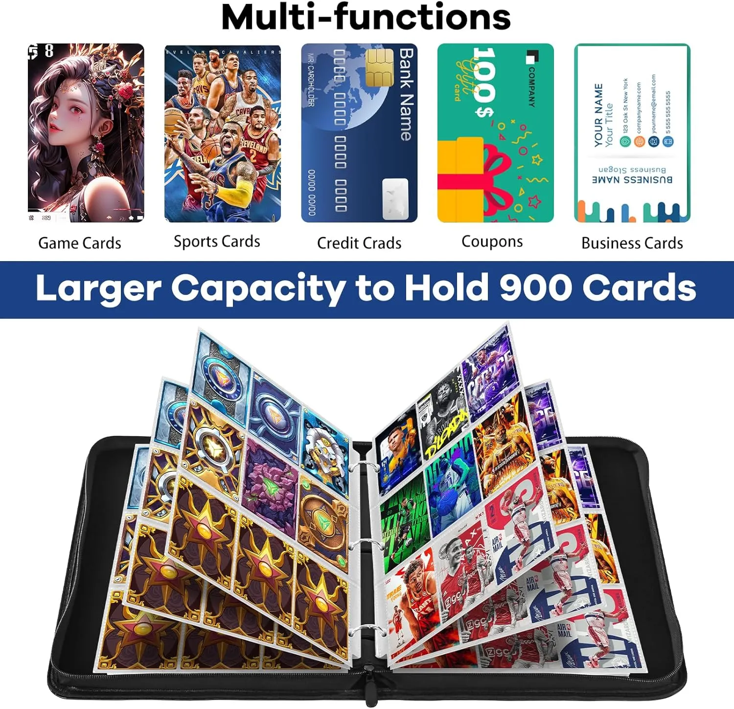 Card Binder 9 Pocket Premium Zip Trading Card Binder 900 Double Sided Pocket PU Collection Binder Collector Album Card Folder for MTG, TCG, Sports Cards (Basketball, 9 Pocket)