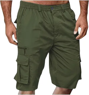 Cargo Shorts for Men Elastic Waist Summer Casual Bermuda Shorts Stretchy Button Fly Work Shorts with Multi Pockets