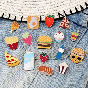 Cartoon Food Enamel Pins: Egg, Hamburger, Fries, Strawberry Cake