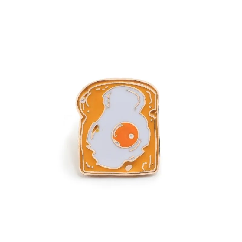 Cartoon Food Enamel Pins: Egg, Hamburger, Fries, Strawberry Cake