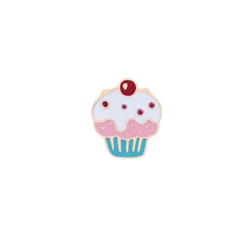 Cartoon Food Enamel Pins: Egg, Hamburger, Fries, Strawberry Cake