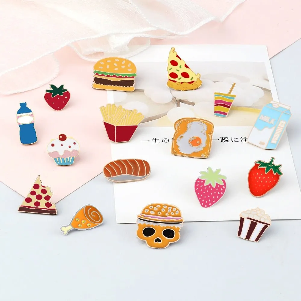 Cartoon Food Enamel Pins: Egg, Hamburger, Fries, Strawberry Cake